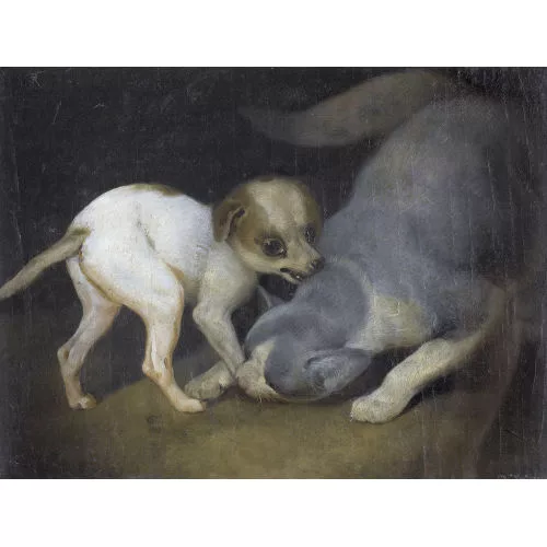 Joseph Volmar — Spielende Katze mit einem Welpen.
