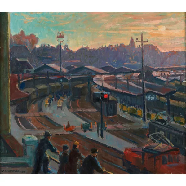 Joseph Waser — Der Berner Bahnhof im Abendlicht.