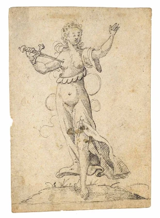 Jost Ammann — Lucretia in ganzer Figur, mit dem Schwert an der Brust — Galerie Kornfeld