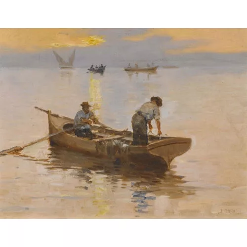 Jules Gachet — Abendliche Stimmung auf dem Genfersee mit Fischern.