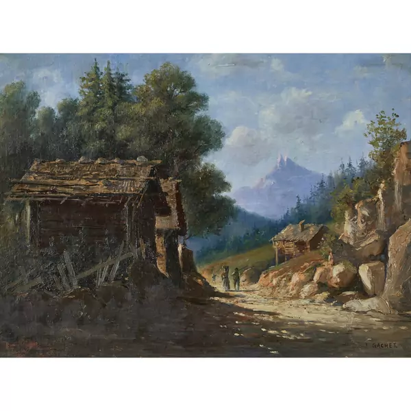 Sonnige Berglandschaft mit Bauern