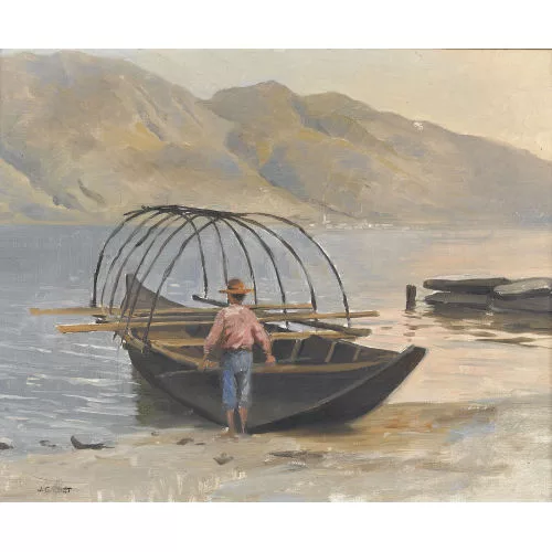 Jules Gachet — Tessiner Seeuferpartie mit Fischer in einem Boot.