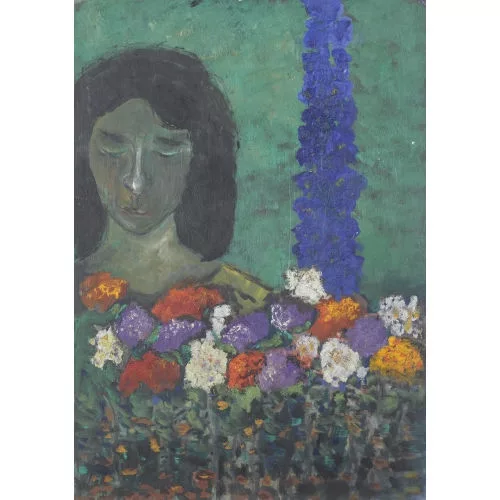 Julien Dinou — Porträt einer Frau mit Blumen.