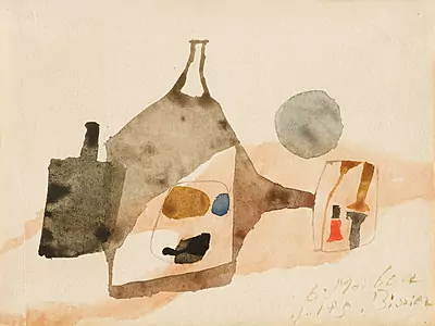 Julius Bissier — (Freiburg i. Br. 1893–1965 Ascona) "6. Mai 60a". 1960. Aquarell auf Papier. Unten rechts in Tusche datiert und signiert. Verso auf Etikett der Galerie Alice Pauli, Lausanne betitelt. Blattgrösse 13x16, 5 cm. Gerahmt. — Schuler Auktionen