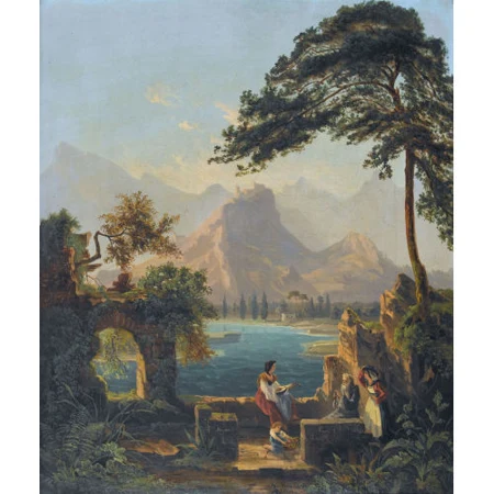 Felsige Flusslandschaft mit Ruinen und Staffage