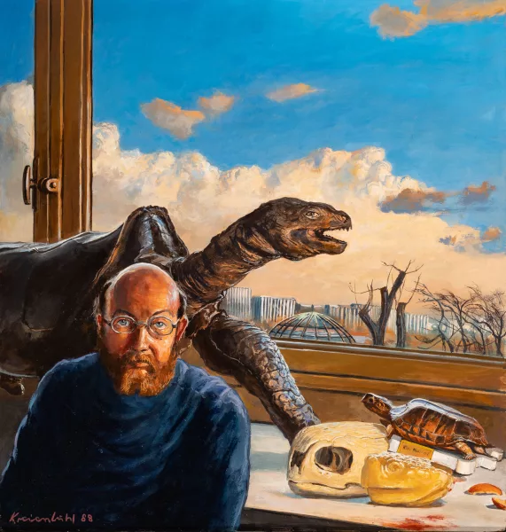 Jürg Kreienbühl — Porträt Roger Baur mit Schildkröte. 1988
