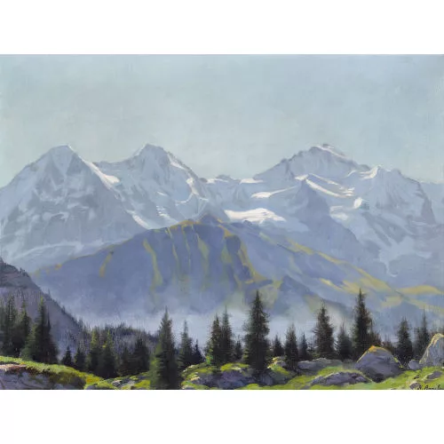 Karl Anneler — Eiger, Mönch und Jungfrau unter blauem Himmel.