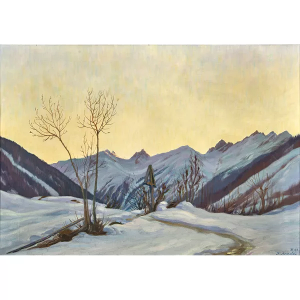 Karl Anneler — Verschneite Gebirgslandschaft mit Wegkreuz.
