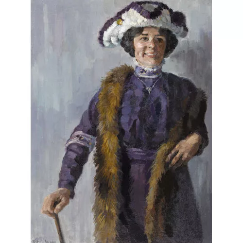 Karl Anneler — Bildnis einer Frau mit violettem Kleid und Pelzstola.