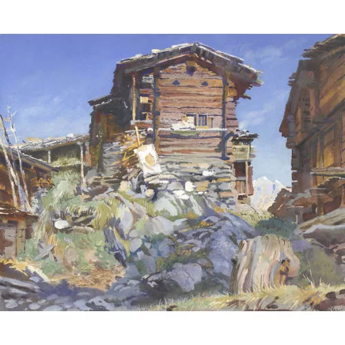 Karl Anneler — Walliser Chalets unter sonnigem Himmel.