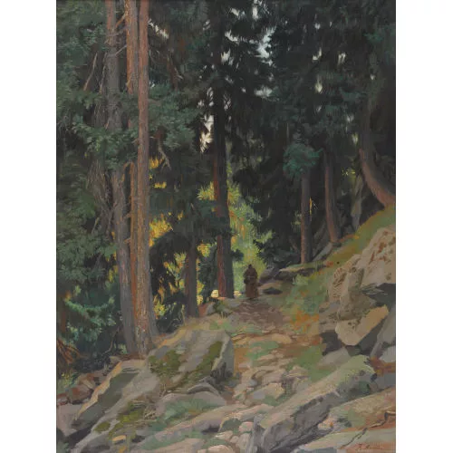 Karl Anneler — Pfad im sommerlichen Bergwald mit einem Mönch.