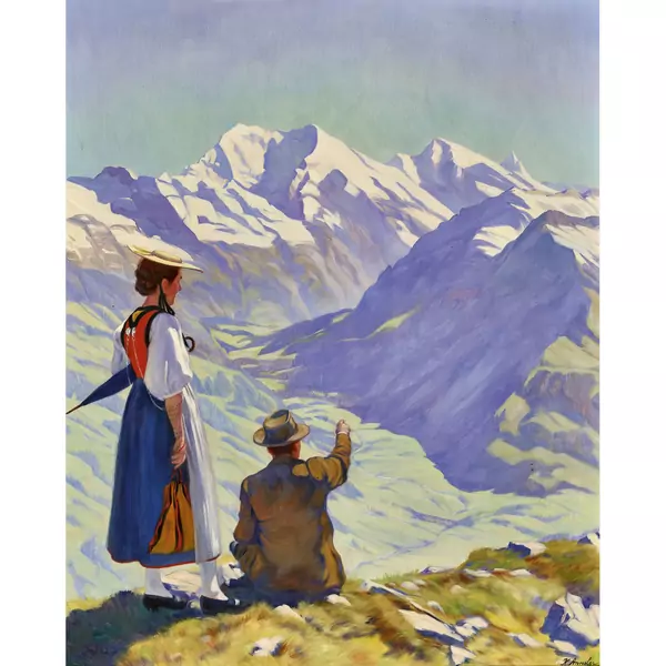 Frau in Freudenberger Tracht und Mann vor dem Balmhorn
