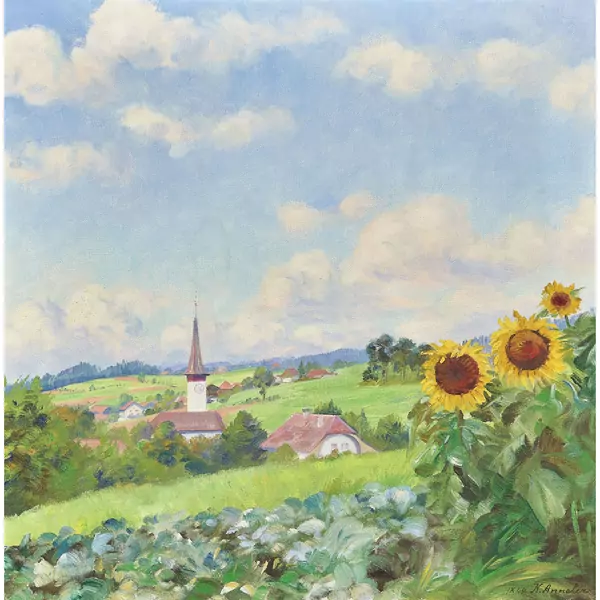 Sommerliches Wichtrach mit Sonnenblumen und Kirche