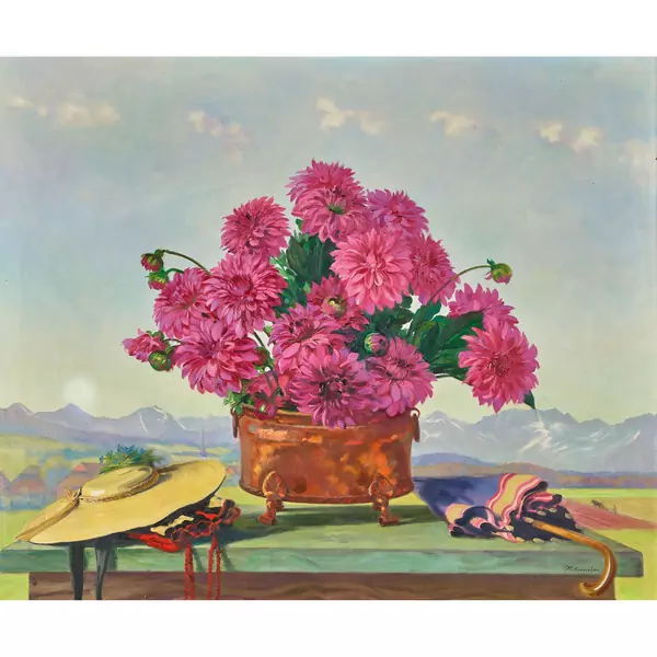 Komposition mit Dahlien, Schwefelhut und Regenschirm