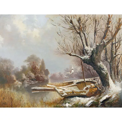 Karl Fuchs — Winterlandschaft mit Booten bei der Kirche Scherzligen.