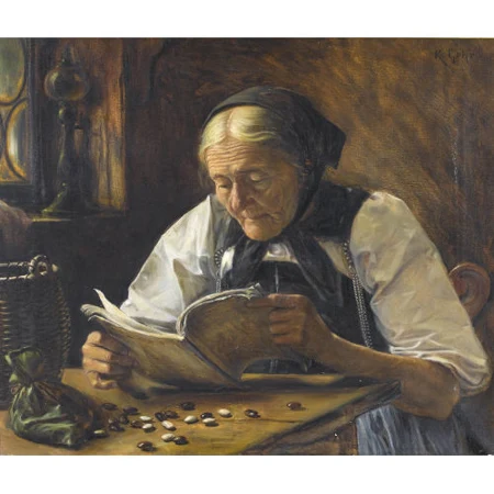Lesende Bäuerin mit Bohnen