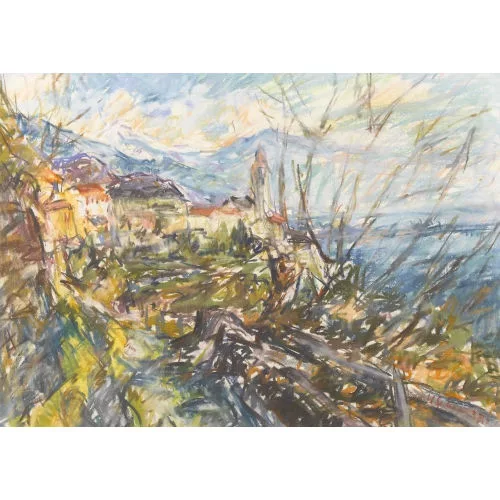 Karl Gerber — Expressive Uferlandschaft mit Dorf.