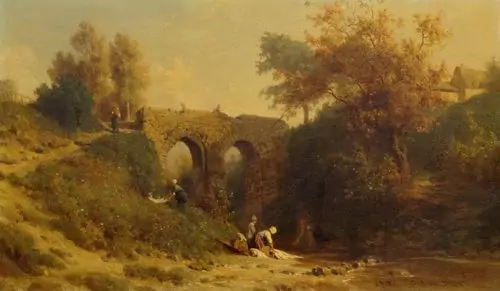 GIRARDET, KARL — Washerwomen at a river. — Koller Auktionen