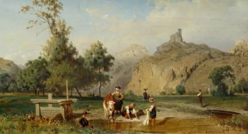 KARL GIRARDET — Shepherds and laundresses at a river. — Koller Auktionen