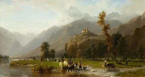GIRARDET, KARL — Mountain landscape of Ticino with herdsmen by a river. — Koller Auktionen