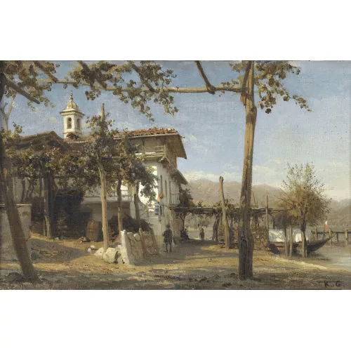 Karl Girardet — Uferpartie am Lago Maggiore mit Kirche und Figurenstaffage.