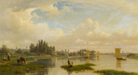 Paysage fluvial avec enfants pêchant