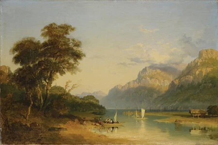 Blick vom Bödeli bei Interlaken gegen den Brienzersee und Burg Goldswil