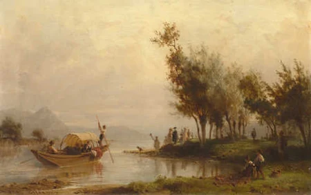 KARL GIRARDET — Landschaft mit einem Schiff und Figuren an einem See. — Koller Auktionen