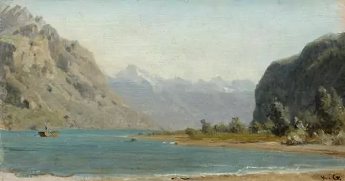 GIRARDET, KARL — Mountain lake with boat. — Koller Auktionen