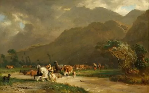 GIRARDET, KARL — Before the storm (river landscape with animals). — Koller Auktionen