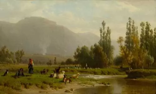 KARL GIRARDET — Paysage avec troupeau au bord d'une rivière. — Koller Auktionen