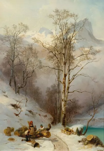 GIRARDET, KARL — Winterlandschaft mit Holzsammlern. 1849. — Koller Auktionen