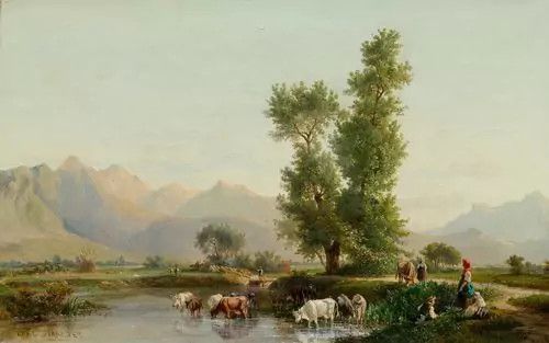 GIRARDET, KARL — Landscape near Interlaken with cows drinking and sheep. — Koller Auktionen