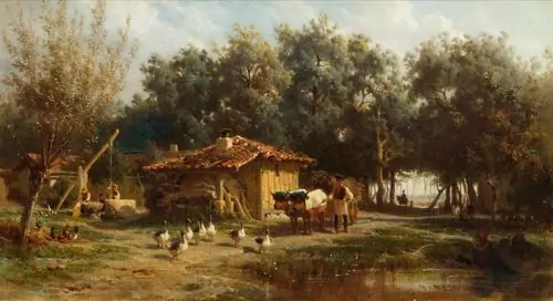 KARL GIRARDET — At a farm. — Koller Auktionen
