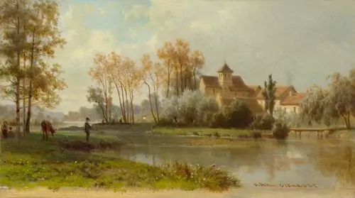 KARL GIRARDET — A river landscape with a manor. — Koller Auktionen