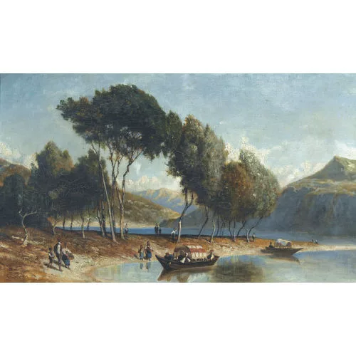 Karl Girardet — Sommerliche Flusslandschaft mit Barken und Staffage.