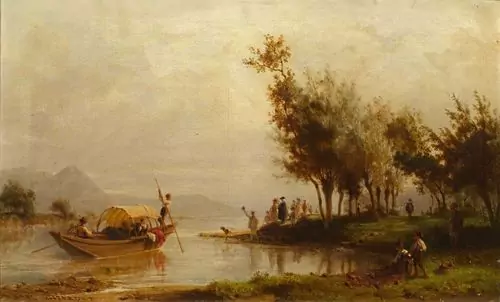 KARL GIRARDET — Landschaft mit einem Schiff und Figuren an einem See. — Koller Auktionen