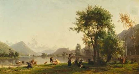 KARL GIRARDET — Hirten mit Kühen am See. — Koller Auktionen