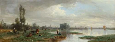 KARL GIRARDET — Kühe und Angler an einem Fluss. 1854. — Koller Auktionen