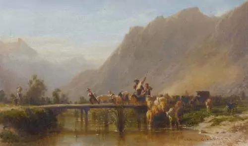 KARL GIRARDET — Schafherde an einer Brücke. — Koller Auktionen