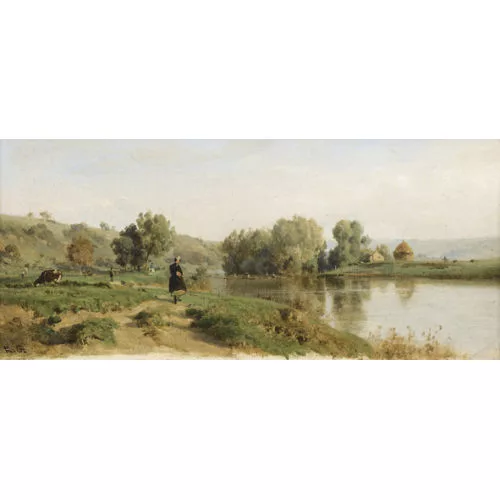 Karl Girardet — Flussuferpartie mit Dame.