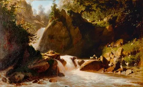 KARL GIRARDET — Berglandschaft mit rauschendem Gebirgsbach, Hirten und Ziegen. — Koller Auktionen
