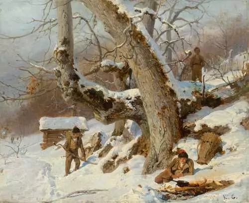 KARL GIRARDET — Winter landscape with a boy by a fire. Circa 1850. — Koller Auktionen