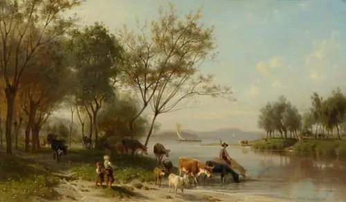 GIRARDET, KARL — Lake Brienz with animals drinking. — Koller Auktionen