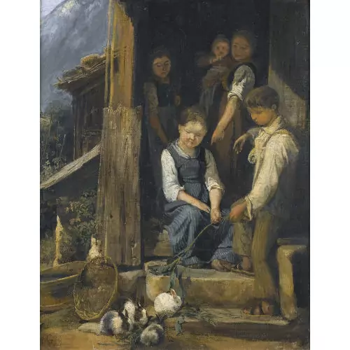 "Enfants donnant à manger à des lapins"