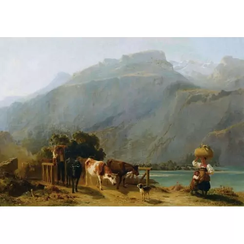 Bauernfamilie mit Kuhherde am Brienzersee