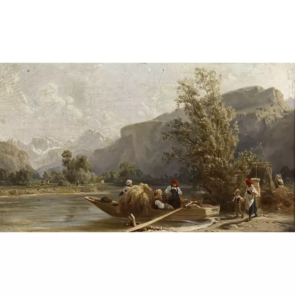 Sommerliche Landschaft mit Bäuerinnen und Kahn am Ufer