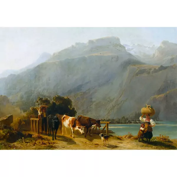 Bauernfamilie am Brienzersee mit Kuhherde