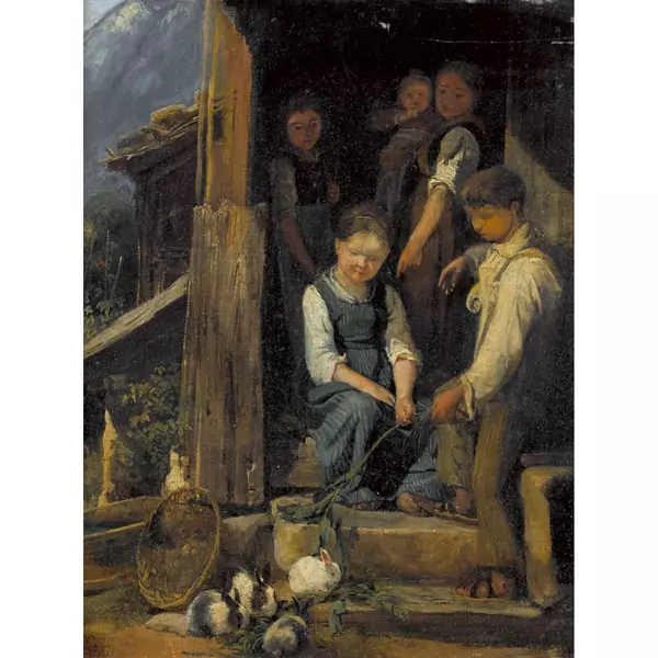 "Enfants donnant à manger à des lapins"