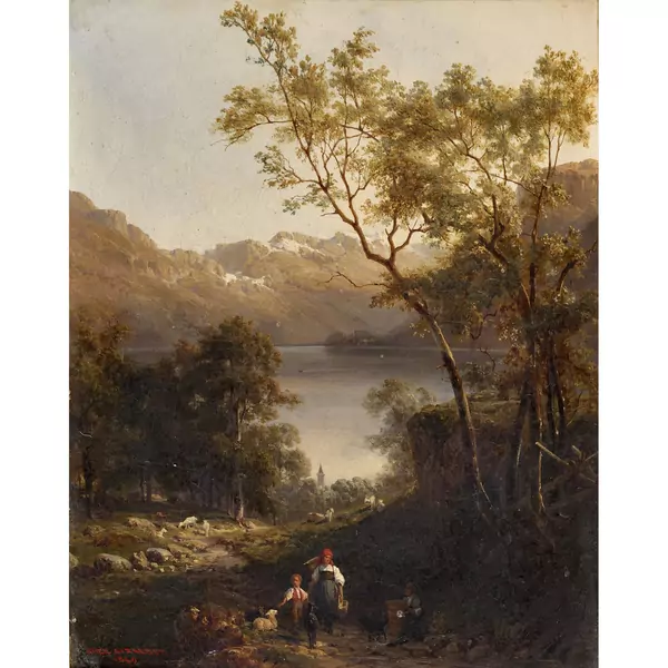Bergseelandschaft mit Bauern und Vieh